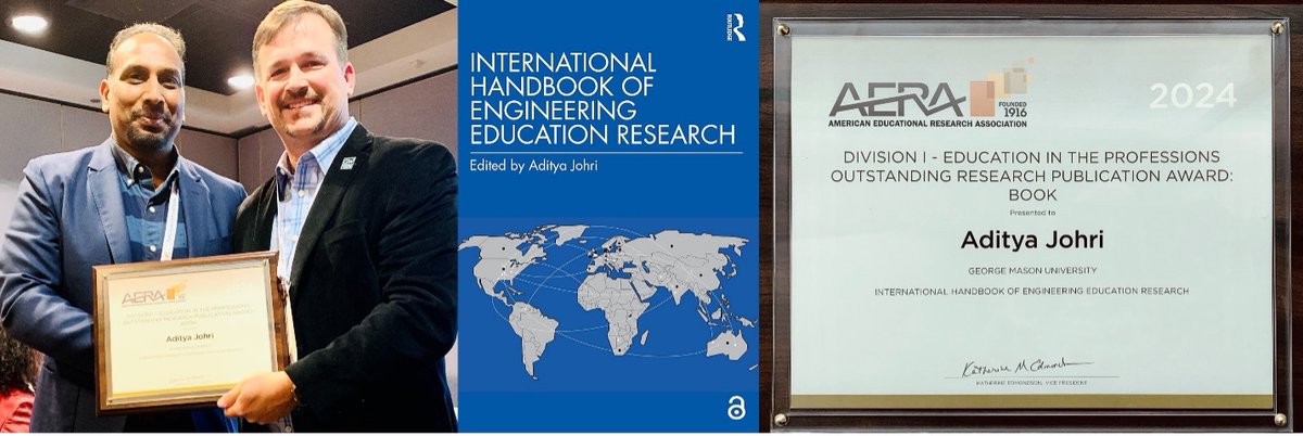 Congratulations to Aditya Johri, who was recognized for his book the International Handbook of Engineering Education Research at the the American Educational Research Association conference.

cec.gmu.edu/news/2024-04/p…
 #EngineeringEducation #RoutledgeBooks #EducationResearch
