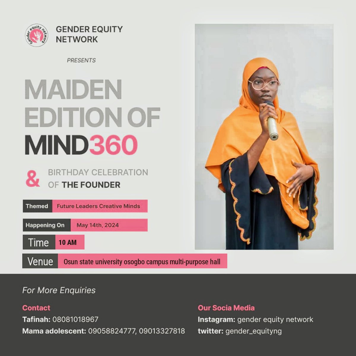 Horla_diyah's tweet photo. Let's come together and give answers that we all seek come 14th of may 2024 at the MIND360 conference at the osun state university multipurpose hall osogbo campus.
To register for the Amazing experience
Click the link below
https://t.co/3pJG2wlgtP
#MIND360 #MIND360Youth https://t.co/QNwqr8aHKT