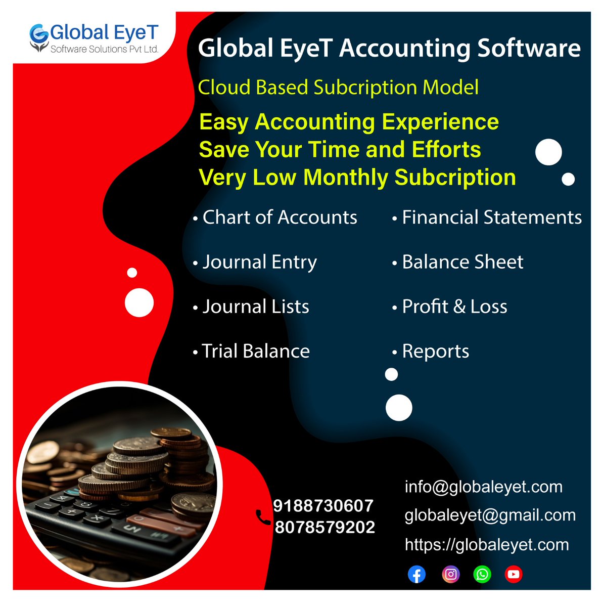 GlobalEyet's tweet photo. Say goodbye to financial stress and hello to efficiency!  Our cutting-edge Accounting Software is here to streamline your business operations, making accounting a breeze.
Web :https://t.co/2KQEjg4v8n
 #GlobalEyeT #AccountingSoftware #FinancialFreedom #BusinessSolutions https://t.co/eVOU07DHBl