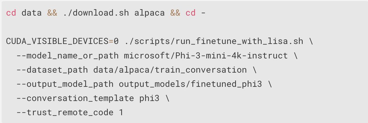 rui4research's tweet photo. Phi-3 template supported in #LMFlow, waiting for the base model 👀 

Try further tuning Phi-3-instruct in LMFlow with SFT/#LISA/#LoRA via 👇 https://t.co/bMTEYbhb6j