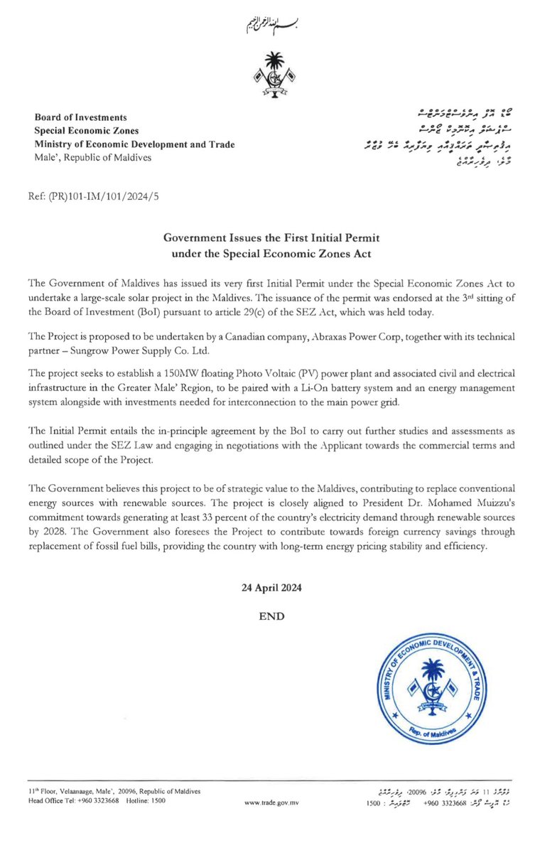 MoEDmv's tweet photo. The SEZ-BoI issued its very first Initial Permit under Article 29(c)of the SEZ Act to undertake a large scale floating solar project in the Maldives.Project will contribute to Pres Dr @MMuizzu’s pledge to meet 33% of the country’s electricity demand through RE sources by 2028 https://t.co/QJn027TDFp