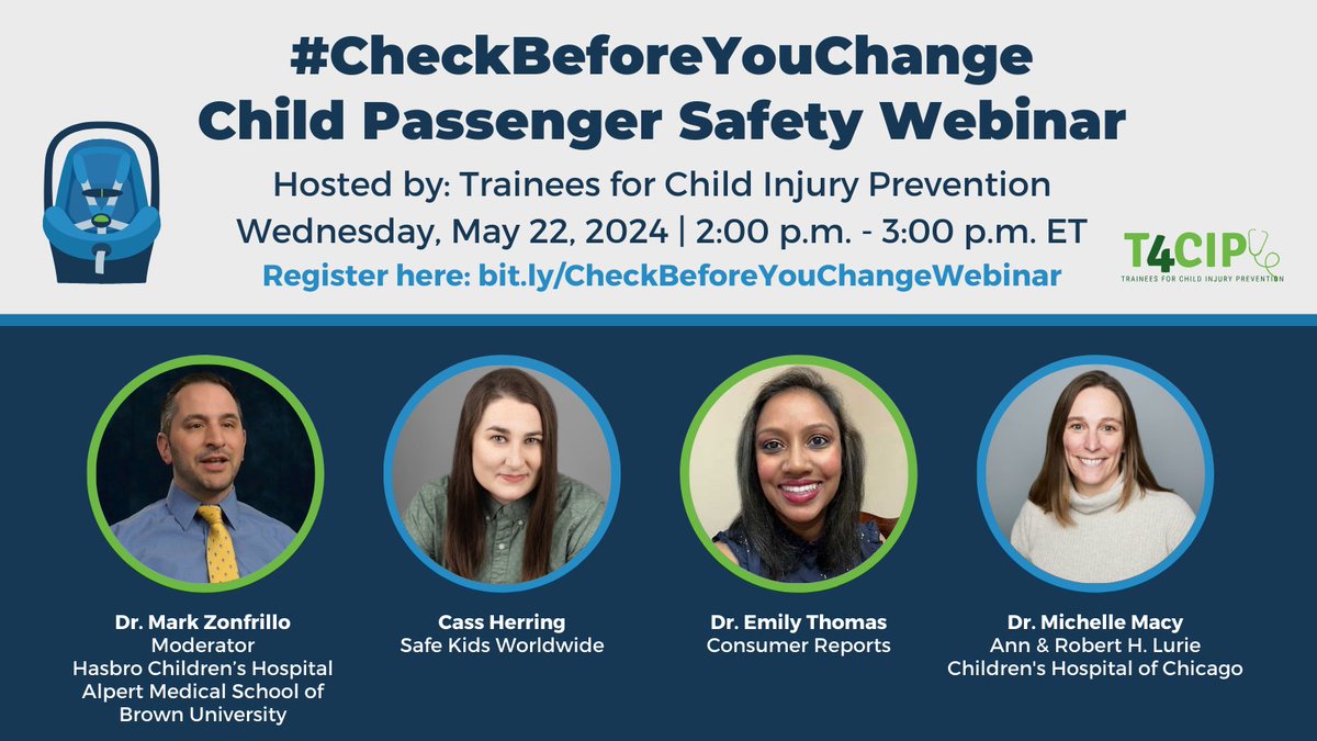 Join us on May 22 from 2 - 3 pm ET for a Child Passenger Safety webinar about why it is important to #CheckBeforeYouChange your child to the next type of seat to make sure it is safe. Register today: bit.ly/CheckBeforeYou…