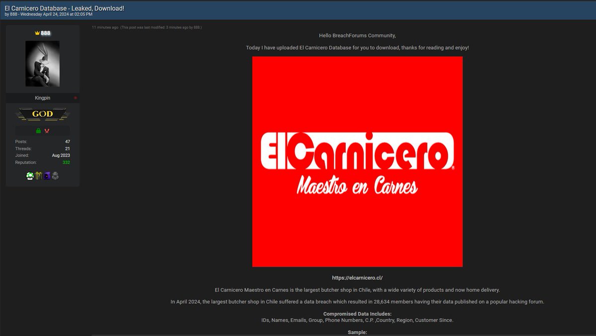 H4ckmanac's tweet photo. #DataLeak Alert ⚠️

🇨🇱#Chile: 28,634 members of El Carnicero allegedly leaked on a hacking forum.

According to the post, El Carnicero recently suffered a data breach that led to the exfiltration of members' data including names, email addresses, phone numbers, physical addresses, etc.

The confirmation or denial of these claims has yet to be verified.

#DataBreach