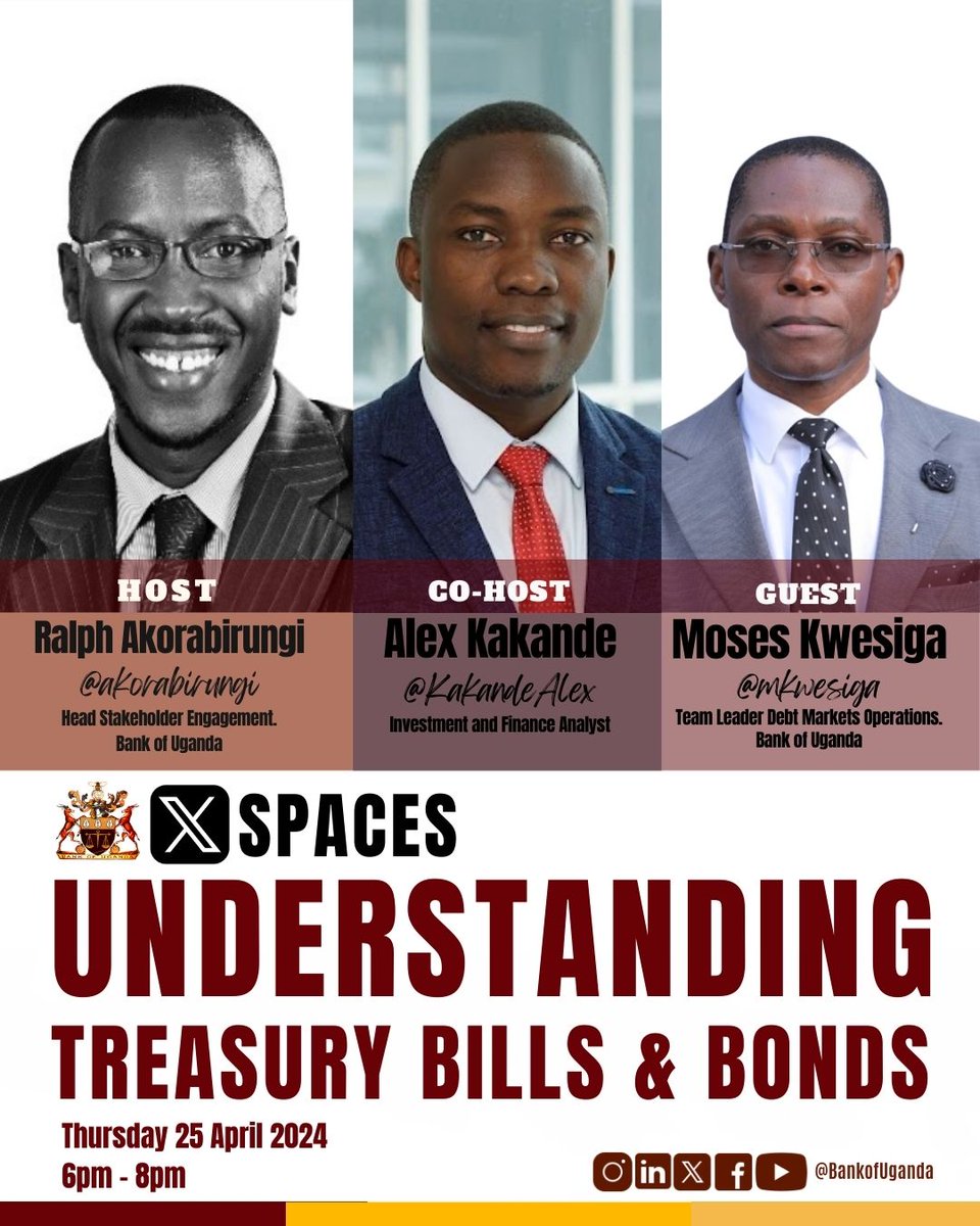 Let's make understanding Treasury Bills and Bonds simple! Catch @KakandeAlex, @mkwesiga and I on the @BOU_Official X Space tomorrow. We're unpacking all the details on investing in government securities. Curious about something? Ask here and listen in live! 🎙️ #FinanceWithBoU