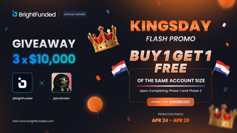 jonzitrades's tweet photo. BOGO GIVEAWAY 🚀

In honour BrightFunded's incredible KINGSDAY BOGO PROMOTION, we are hosting a GIVEAWAY! BrightFunded has the tightest Spreads and the best trading conditions. 🧡🎉

3 x $10,000 GIVEAWAY  

1. Follow @BrightFunded @BrightFundedTR @jonzitrades 
2. Like & RT 
3. Tag 2 friends