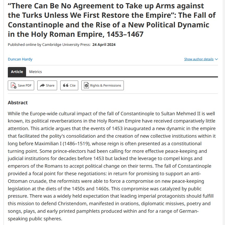 Just released: my new, Open Access article about politics in the Holy Roman Empire in the wake of the fall of Constantinople: doi.org/10.1017/S00672… This is a first step in an exciting new project examining late medieval crusading and imperial reform. #medievaltwitter