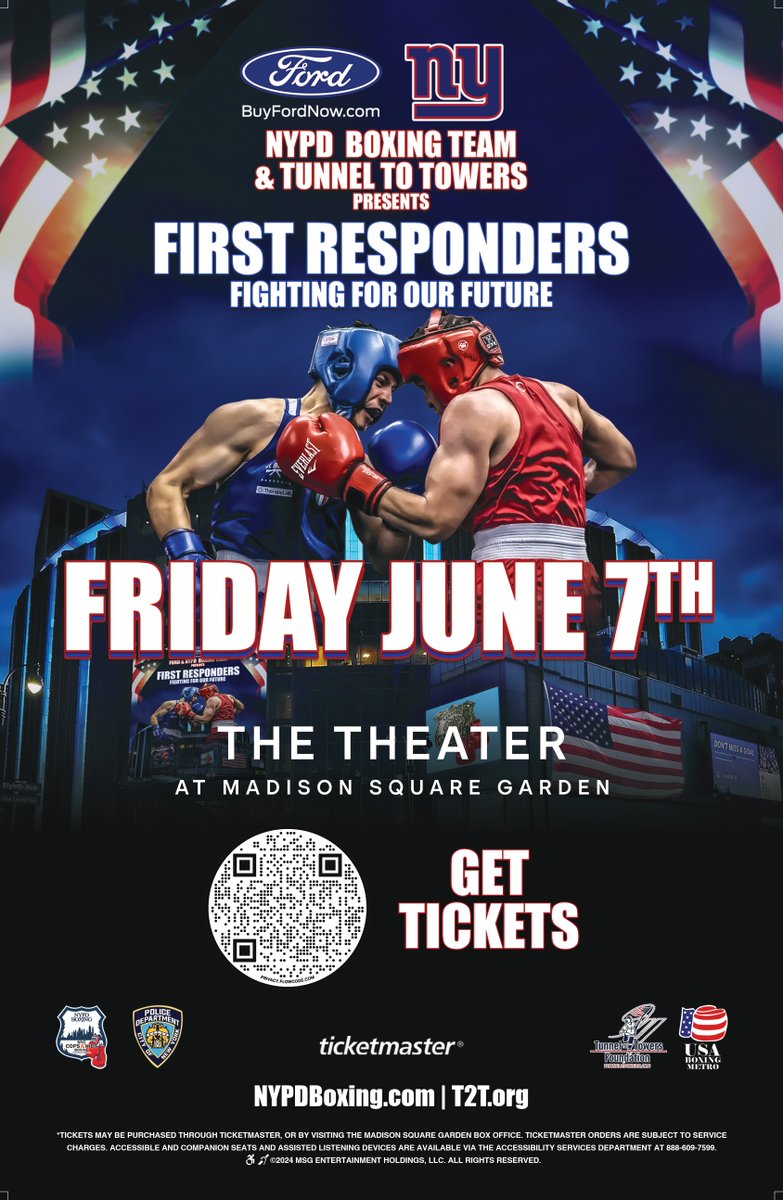 On Friday, June 7th, Police Officers, Firefighters, Sanitation Workers, Correction Officers, Custom Agents, and other first responders from around the 5 Boroughs will face off in the inaugural “First Responders Fighting for Our Future” charity boxing match @TheTheaterAtMSG!…