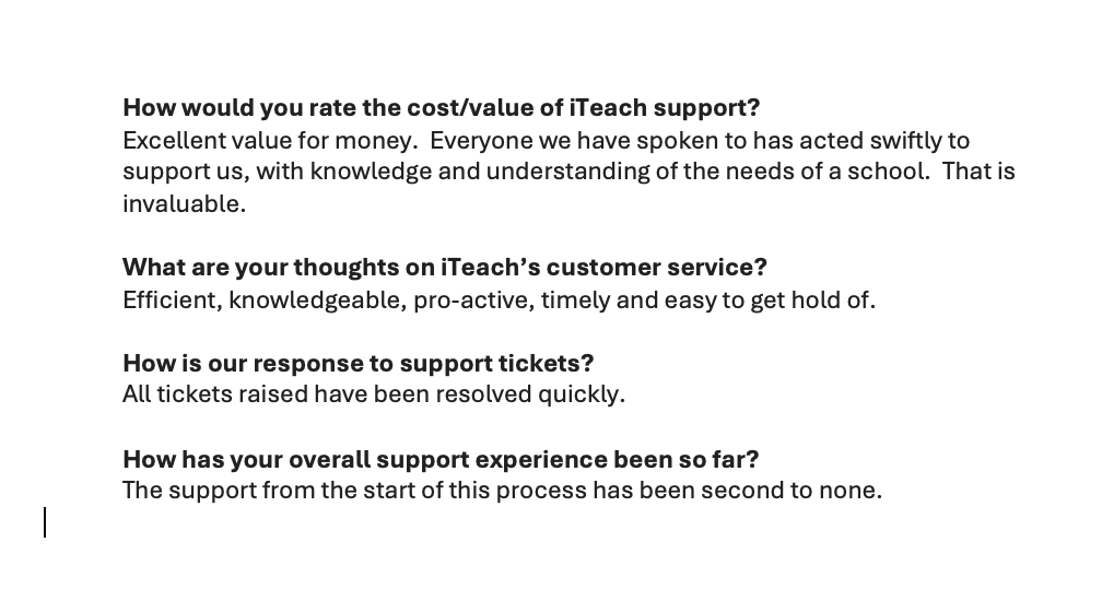 iTeach has a commitment to brilliant service, support, honesty and transparency.
It's great to have this feedback from @magorciwprimary who have signed up for iTeach's  SLA Support. 
#iTeachSupport  #NewSLACustomersWelcome