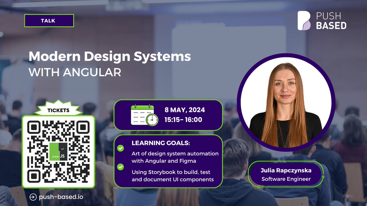 [1/2] 🚨 Don't miss Julia Rapczynska's session at @enterjsconf! 🎙️ Modern #DesignSystems with #Angular 📅 May 8th | 🕔 5:15 PM 📍 Mainz, Germany Tickets below 🔽