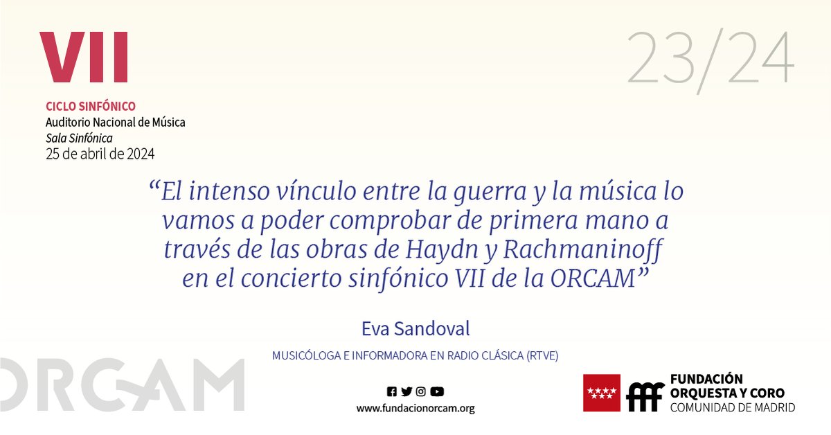 🪶 Consulta las notas al programa del #CicloSinfónico VII. @evasandovalRNE analiza la conexión entre música y guerra con las obras de Haydn y Rachmaninoff que interpretará la ORCAM en el Audit. Nacional de Música. ✒️ Accede en bit.ly/NotasAlProgram… 🎟️ bit.ly/CicloSinfónico…