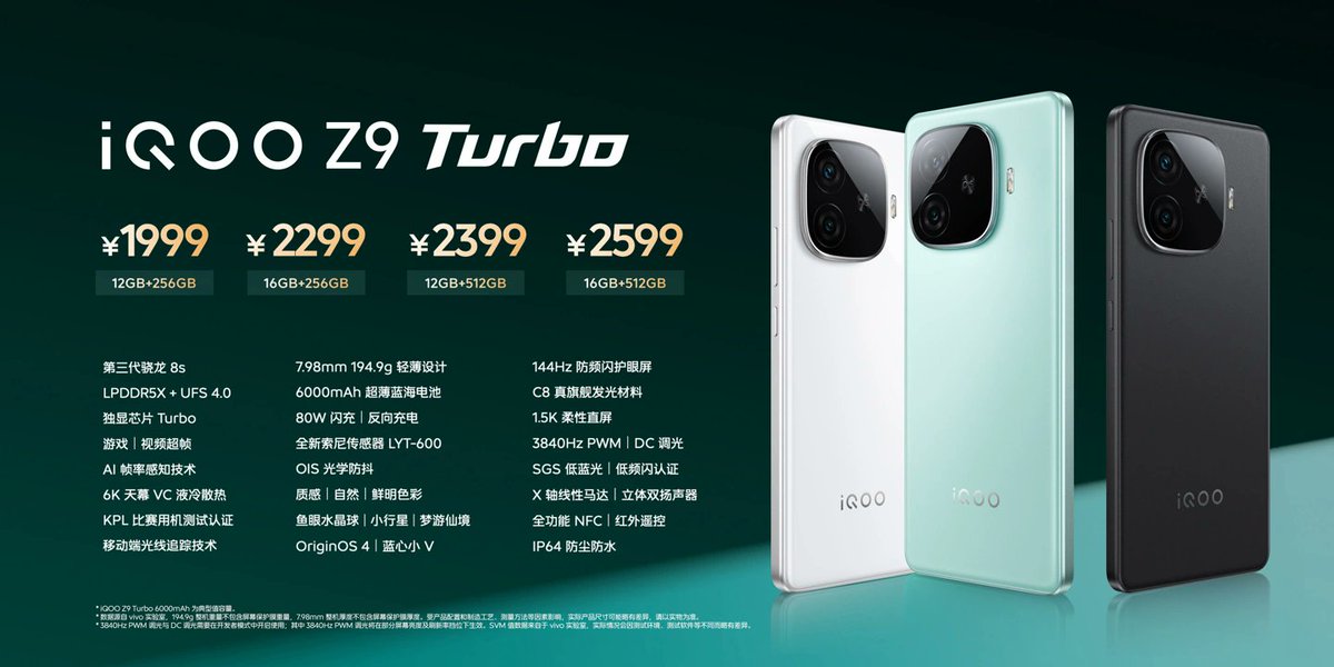 iQOO Z9 Turbo launched in China

6.78' 1.5K OLED TCL C8, 120Hz display 
4500nits peak brightness 
SD 8s Gen3 
LPDDR5x RAM 
UFS 4.0 storage
50MP Sony LYT600+ 8MP UW
16MP Selfie
🔋 6000mAh
⚡ 80W
WiFi 6
BT 5.4
Price:
12GB+256GB -¥1999 (₹23,455)
#iQOO #iqooz9turbo #news #exposed