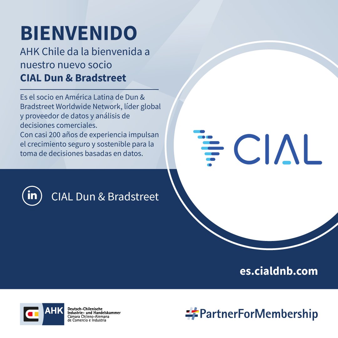 🎉 ¡Demosle la bienvenida a nuestros nuevos #SociosAHKChile! 🎉 Conoce sus servicios y su aporte a nuestra gran red de socios.

👥 Peoplematch:

👩‍⚖️ Mónica Moreno

🌐 CIAL Dun &amp; Bradstreet