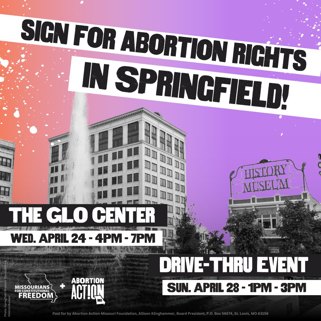 Springfield! We're in your neighborhood for the last week to sign the @Missourians4CF petition and #EndTheBanMO! Join canvassers at @TheGLOCenter tonight or for a drive-thru signature gathering event on Sunday. Register here! bit.ly/SGF4AbortionRi…