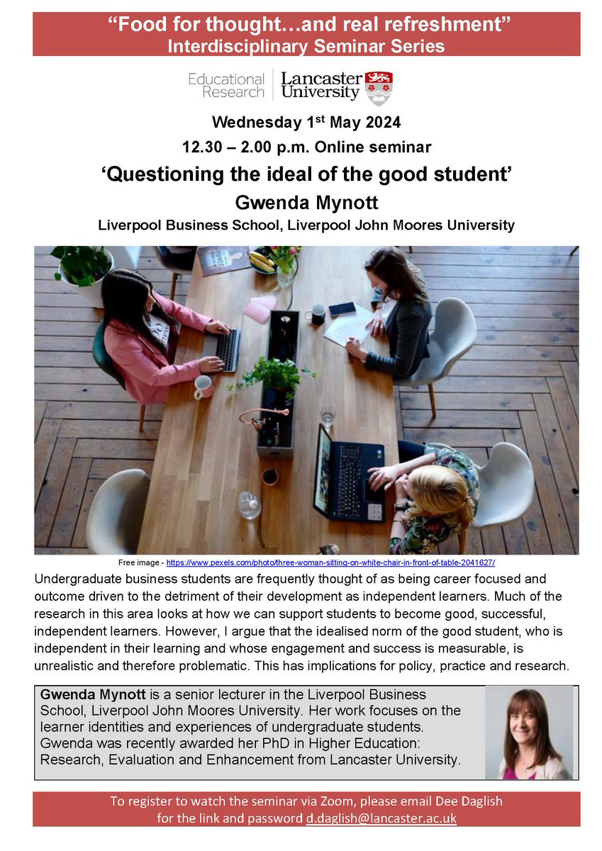 EdResLancaster's tweet photo. Join us for our next online #EdResSeminar on Weds 1/5/24 at 12.30pm presented by #PhDinHEREE Alumna @gjmynott entitled "Questioning the ideal of the good student". Contact d.daglish@lancaster.ac.uk for joining details. @CHERELancasterU https://t.co/1wFqU2bnam
