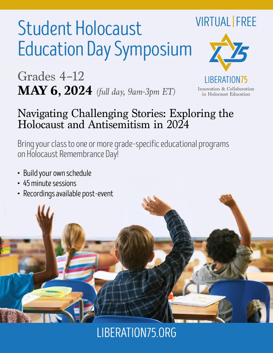 REGISTER TODAY for Student Holocaust Education Day on May 6th from 9AM - 3PM ET. Navigating Challenging Stories: Exploring the Holocaust and Antisemitism. For grades 4-12. VIRTUAL & FREE!
bit.ly/student-educat…
#HolocaustStudentDay #HolocaustEducators #HolocaustEducation