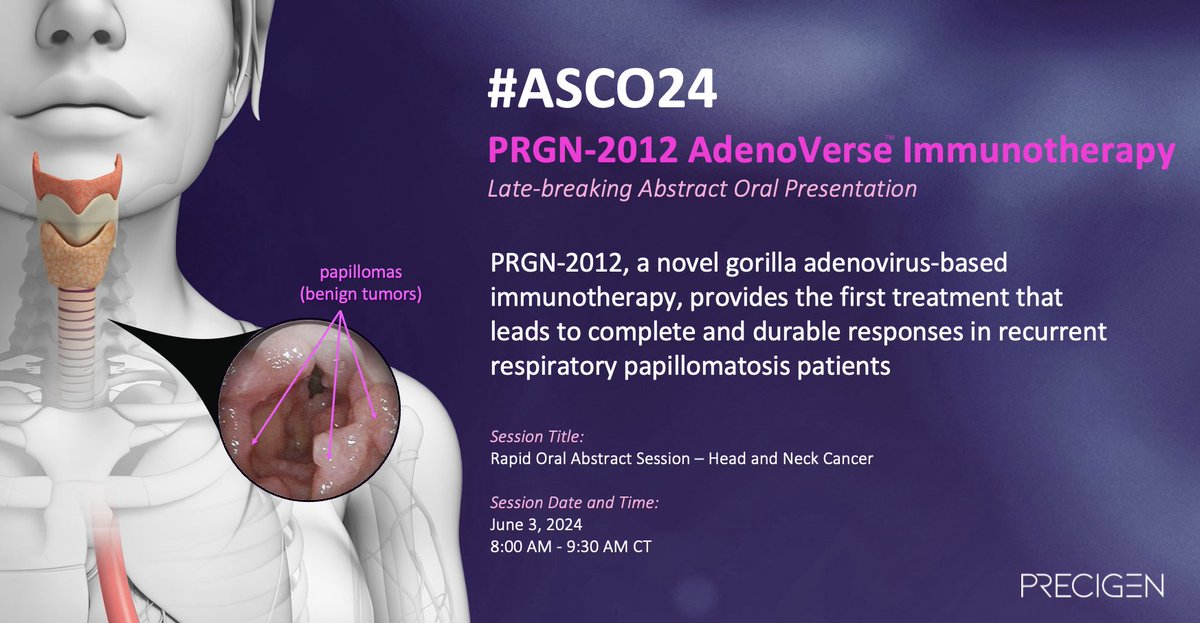 #ASCO24 abstract titles are out!  <a href="/Precigen/">Precigen</a> is excited to announce a late-breaking abstract for our pivotal Phase 2 study of PRGN-2012 for the treatment of patients with recurrent respiratory papillomatosis has been selected for oral presentation. bit.ly/4brTFFV $PGEN