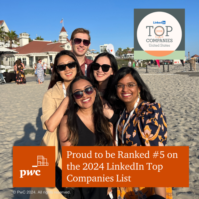 #PwCProud to be a part of a firm on LinkedIn Top Companies for 2024! PwC ranked #5 on this year’s list – our highest ranking yet! As our sixth time in a row on the list, this is a testament to the hard work that all of #TeamPwC brings every day. pwc.to/3w6Qq7y