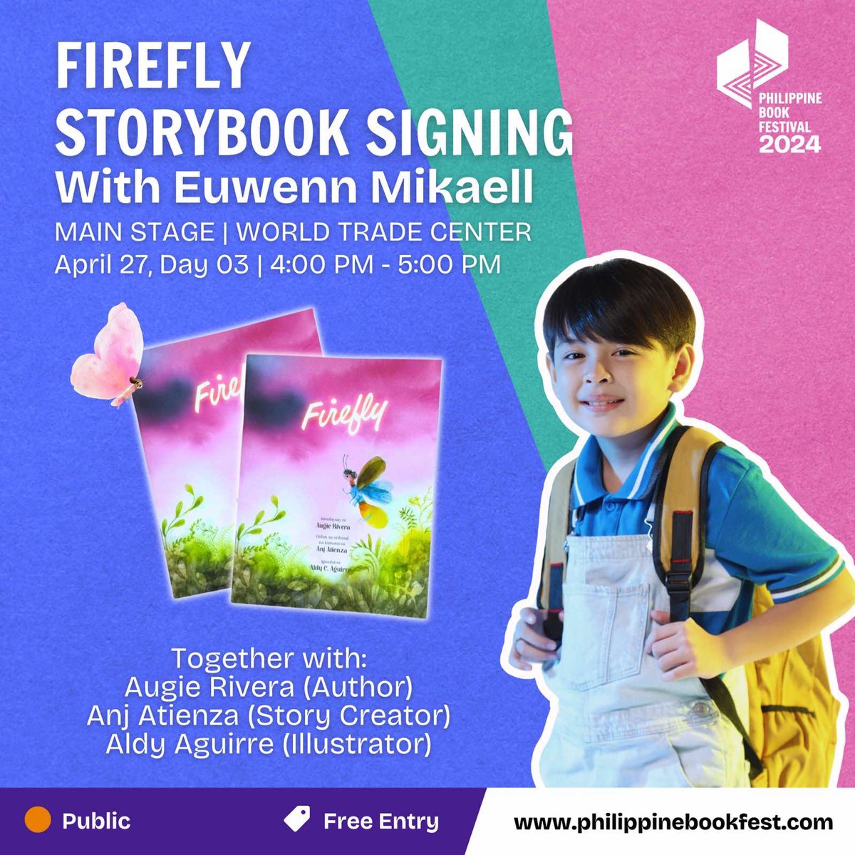 Join Euwenn Mikaell at the main stage of the Philippine Book Festival for the ‘Firefly Storybook Signing’ this coming April 27, Saturday, at 4:00 PM! ✨ #EuwennMikaell #Firefly #FireflyStoryBook #NBDB #ReadPinas #AklatParaSaLahat #PHBookFestival #PBF2024