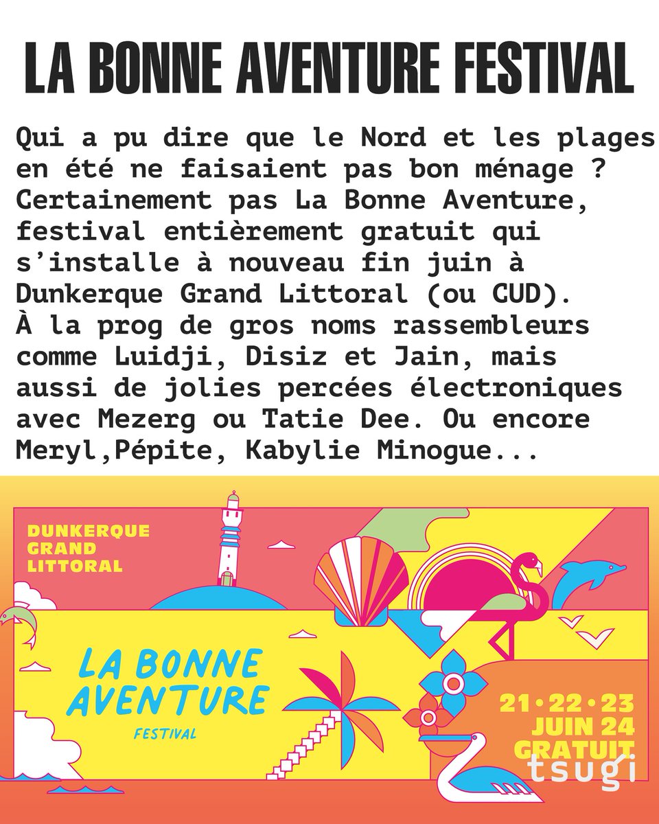 La Bonne Aventure <a href="/LBA_festival/">La Bonne Aventure</a> c'est du 21 au 23 juin, et c'est gratuit !
Toutes les infos :: labonneaventurefestival.com