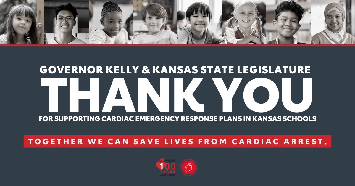 Thank you <a href="/GovLauraKelly/">Governor Laura Kelly</a> for signing SB 19! School Cardiac Emergency Response Plans, w/AED access &amp; CPR training, save lives. Thankful for #ksleg leadership &amp; our champs Rep Adam Thomas &amp; Senator Warren. #AHA #NationofLifesavers #CERP