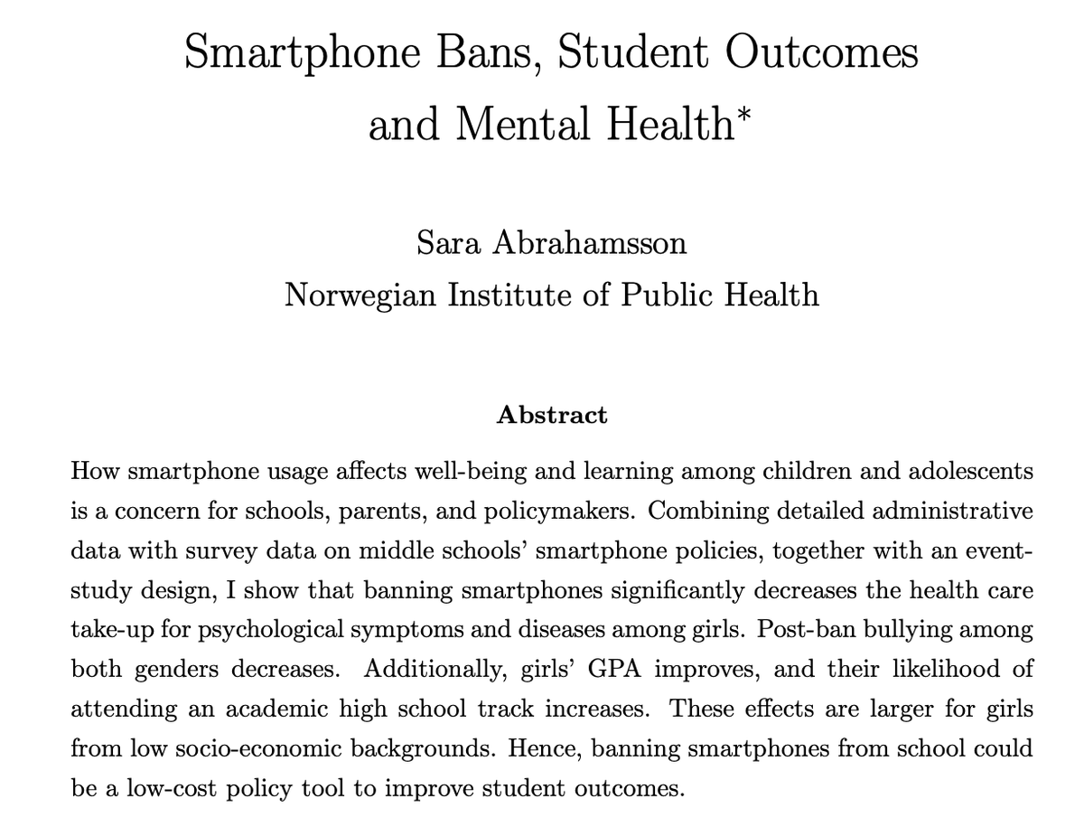 New paper from Norway: Banning smartphones in school - significantly decreased doctors visits for psychological symptoms and diseases among girls - reduced bullying among both genders - improved girls’ GPA and attendance rates - largest effect sizes were among the poorest kids