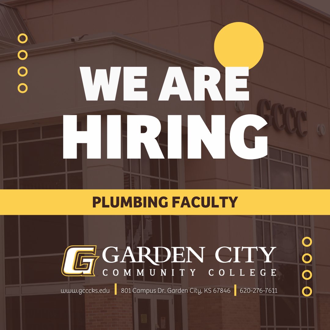 We Are Hiring! Garden City Community College is seeking a Plumbing Faculty. This is a full-time, tenured track, 172-day faculty position covered by the Negotiated Agreement. Learn More and APPLY NOW:ow.ly/Lfh950Ribl5