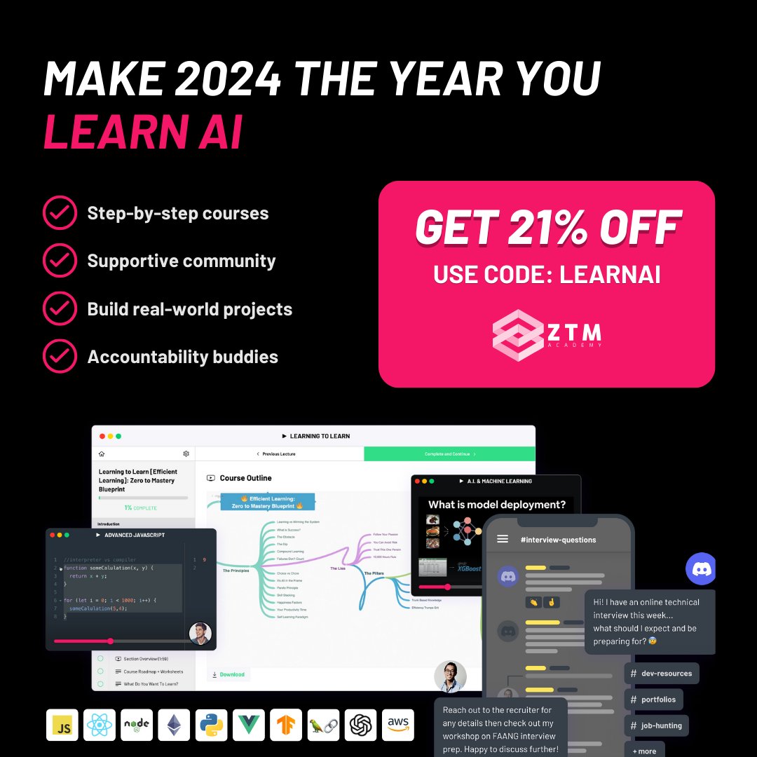 ZTM's AI WEEK IS HERE 🦙

Code: LEARNAI to get 21% OFF. Expires Apr 29th.

Step 1: Learn core in-demand skills
Step 2: Learn AI tools + skills
Result: getting hired in 2024

zerotomastery.io/courses/?categ…

Not sure where to start? Here's our 3 most popular AI courses so far 👇