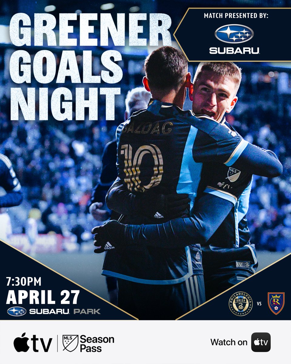 Back at home this Saturday for Greener Goals Night pres. by @subaru_usa! 🌎 🆚 @realsaltlake 🗓️ April 27 🕓 7:30pm 🏟️ Subaru Park 📺 #MLSSeasonPass on @appletv: apple.co/Union 📻 @975TheFanatic pres. by @LiveCasinoPHL #DOOP