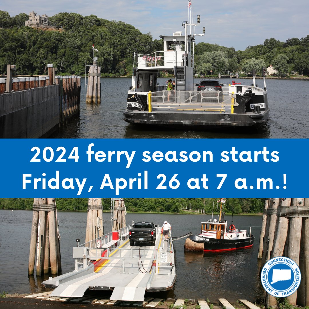 We're excited to launch the Chester-Hadlyme and Rocky Hill-Glastonbury Ferries this Friday, April 26 at 7 a.m.! These historic vessels offer some of the most unique modes of transportation anywhere in the country. Come out for a ride! Find out more at portal.ct.gov/dot/ctdot-pres….