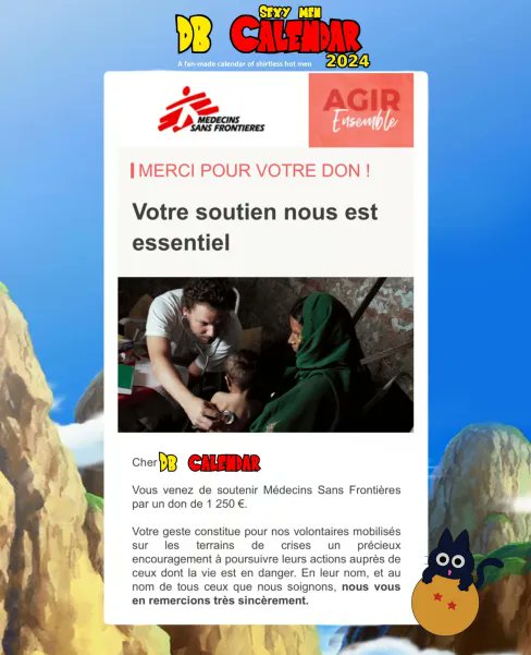 For transparency, here is the confirmation email about our donation.

Together we raised €1250,- ($ 1331,-) for <a href="/MSF/">MSF International</a> !

Again, thank you all for your support of last year's charity calendar! We couldn't have done it without you! <3