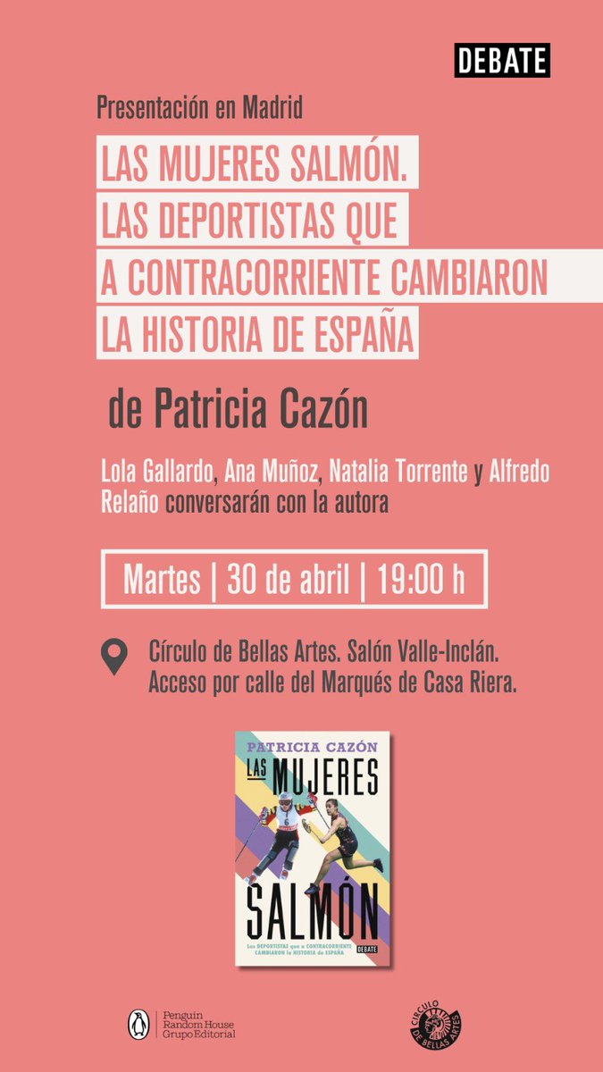 Martes 30 de abril, Círculo de Bellas Artes, 19:00 horas, Madrid. Junto a @anamunozsp #lolafernandezochoa @AS_Relano @NataliaTorrente Me encantaría que vinierais. Ahí os espero. Entrada libre. #lasmujeresalmon