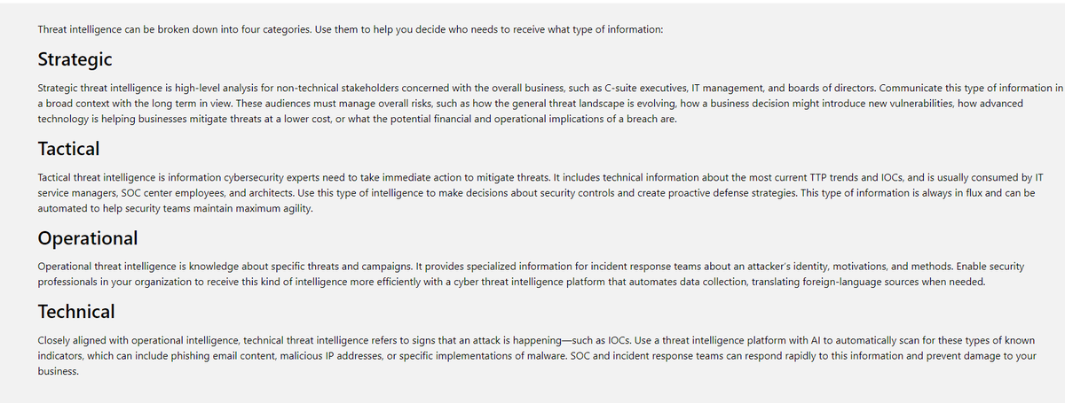 This is why cybersecurity is so frustrating. Trusted vendors give conflicting information all the time:
If I was trying to learn about CTI, I would have no idea what Tactical/Operational intelligence is #threatintelligence #infosecurity