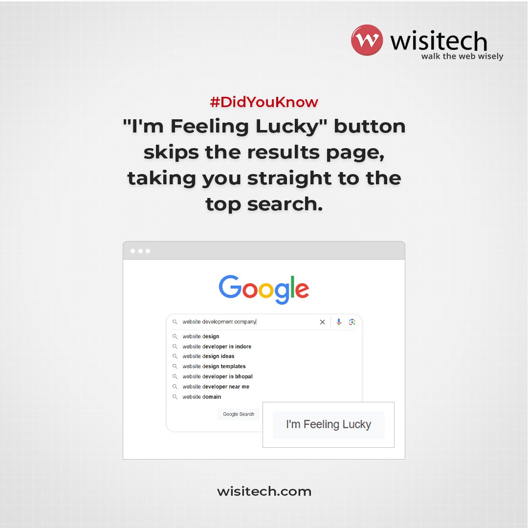 WisitechInfo's tweet image. Feeling lucky?
Try this Google trick! Search anything and hit &quot;I&apos;m Feeling Lucky.&quot; Surprise! The top result opens instantly.
.
.
.
.
#Google #GoogleTricks #GoogleTips #GoogleSecrets #TipOfTheDay #SEOTricks #SEOHacks #SearchResultRankings #InterestingFacts #TeamWisitech