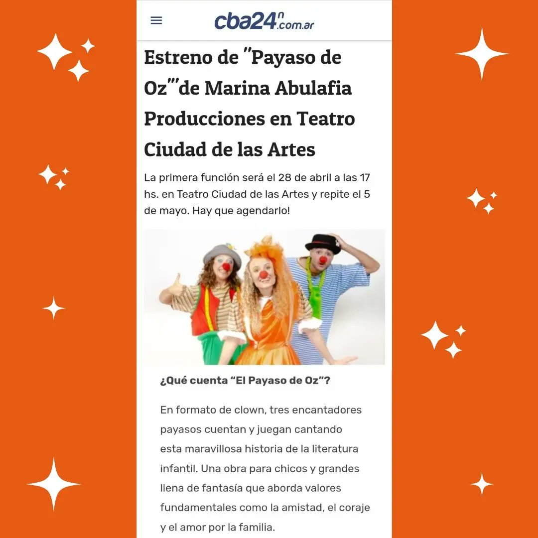 MUCHAS GRACIAS a los distintos medios por la #Difusión del #Estreno de 👠ℙ𝕒𝕪𝕒𝕤𝕠 𝕕𝕖 𝕆𝕫 👠 🎭
• @quehacemosma 
• @lavozcomar
• <a href="/Cba24Ncomar/">cba24n Oficial</a>
¡Esperamos a todas las Familias para conocer esta hermosa historia! 🌈 👨‍👩‍👧‍👦 
📆 Domingo 28 de Abril - 17:00hs.