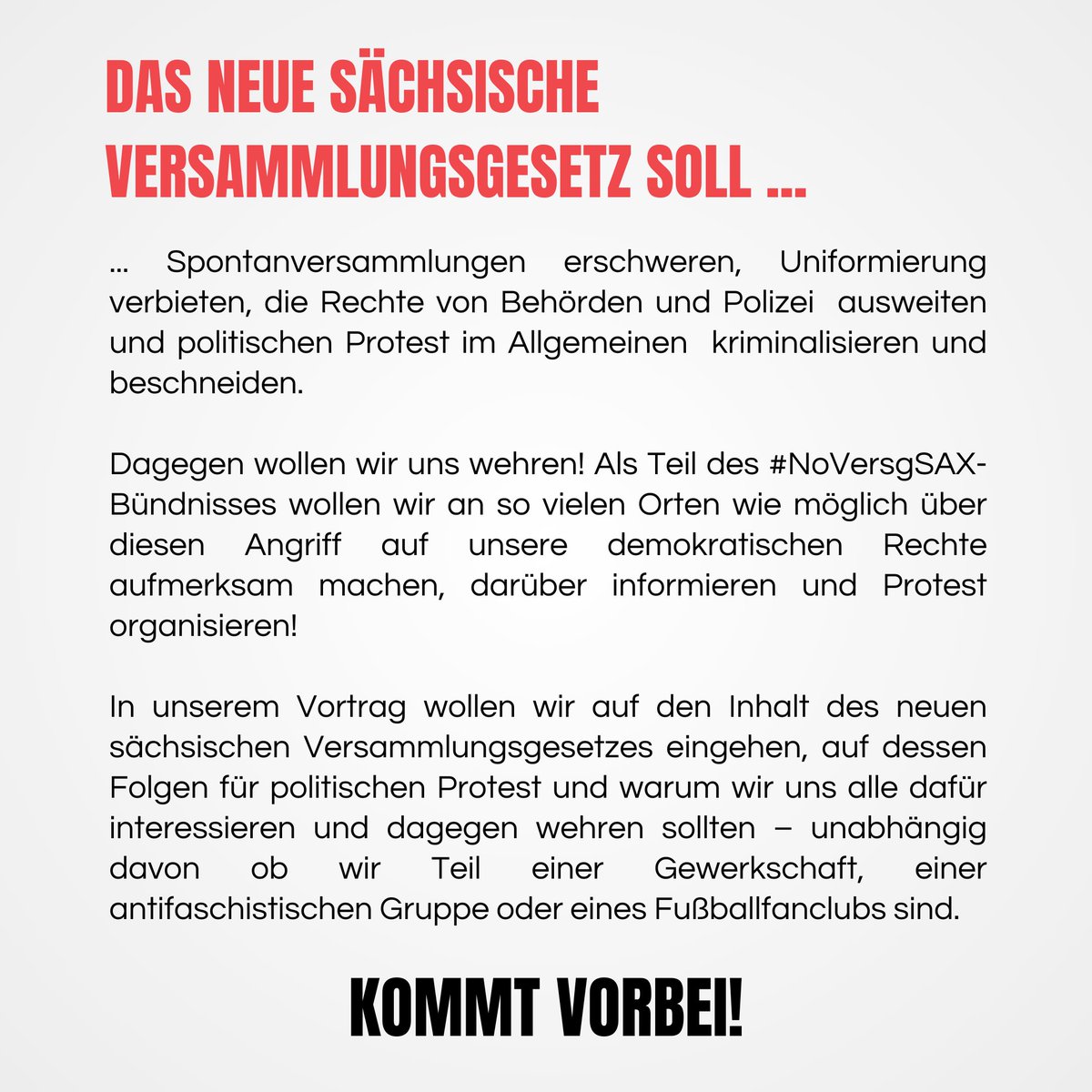 📍 MGH „Buntes Haus“ (Tschaikowskistr. 57A, 09599 Freiberg)
🗓 Freitag, 10.05.24
⏰ 18:00 Uhr

Kommt zu unserem Vortrag in #Freiberg!

#NoVersgSAX #SächsVersG #dd2206 #Versammlungsgesetzstoppen #Versammlungsfreiheit #Versammlungsgesetz