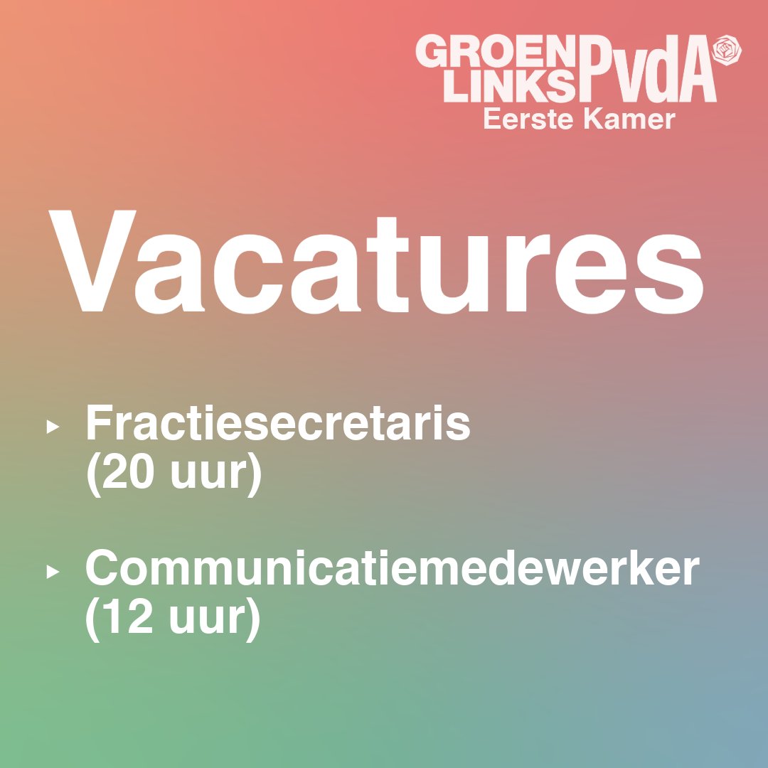 Ben jij op zoek naar een uitdagende en veelzijdige baan in het hart van de politiek? De Eerste Kamerfractie van GroenLinks-PvdA zoekt twee nieuwe fractiemedewerkers! ❤️💚 Word jij onze nieuwe collega? Solliciteer voor 13 mei! groenlinkspvda.nl/vacatures/frac… groenlinkspvda.nl/vacatures/comm…