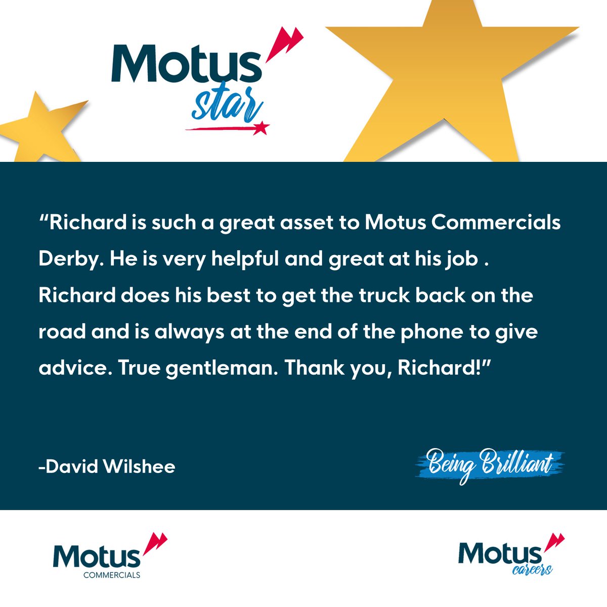 You're a STAR! ⭐ Congratulations to Richard Wright, from Motus Commercials Derby, for this fantastic Motus Star nomination! We love seeing our colleagues get the recognition they deserve from our customers! 🤩 #WinningWednesday #MotusStar #Proud #MotusPeople #MotusCommercials