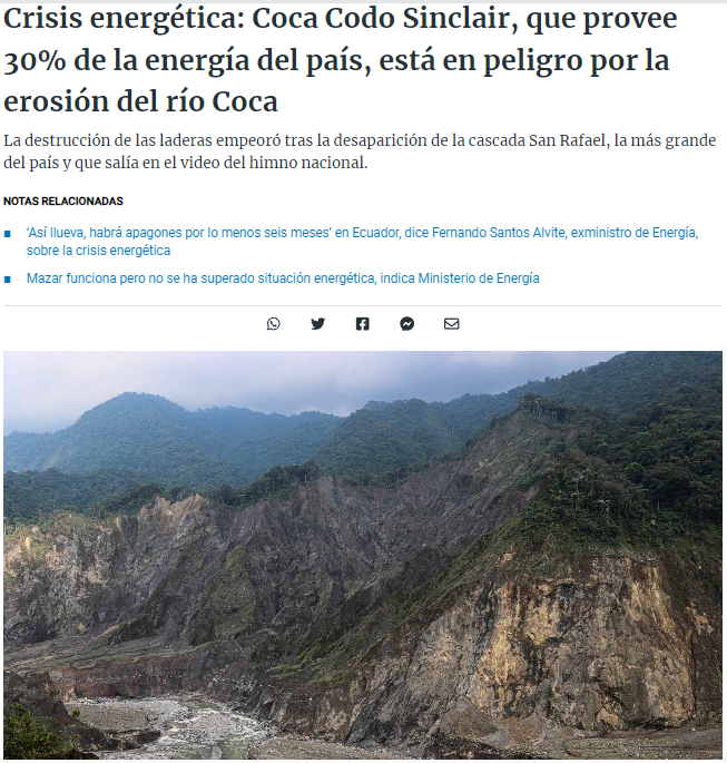 eluniverso.com/larevista/ecol… Un reporte de @F_EcoCiencia sobre impacto de erosión regresiva de río Coca indica que la hidroeléctrica Coca Codo Sinclair, que produce 30% de la energía eléctrica en Ecuador, está en riesgo (y tal vez ayudó a causar el problema) @eluniversocom