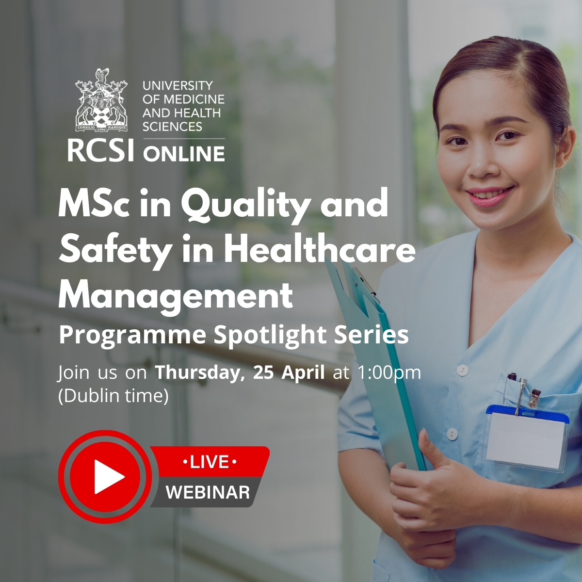 Are you ready to enhance your skills in quality and safety in healthcare management? Register now: 100896engagecms.campusnexus.cloud/rcsio-pd.../ Date: April 25th Time: 13:00 GMT Location: Online Don't miss this opportunity to learn more about #OnlineHealthcareEducation with RCSI.