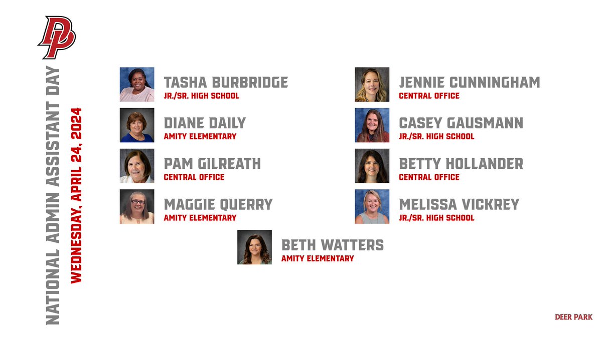 🎉 Happy National Administrative Assistants Day! 🎉

Today, we celebrate the incredible dedication and hard work of our Administrative Assistants at Deer Park Schools! Your contributions are truly invaluable. Thank you for all that you do to support our students and staff!