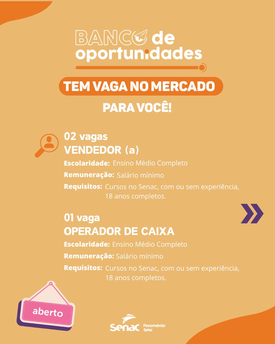OPORTUNIDADES! 📝💡

Tem vaga no mercado de trabalho aguardando por você! Confira os pré-requisitos e participe. 💼🤝

Acesse:  oportunidades.rr.senac.br

OBS: o Banco de Oportunidades é um programa destinado a alunos e ex-alunos do Senac 😊 

#senac #emprego #boavista