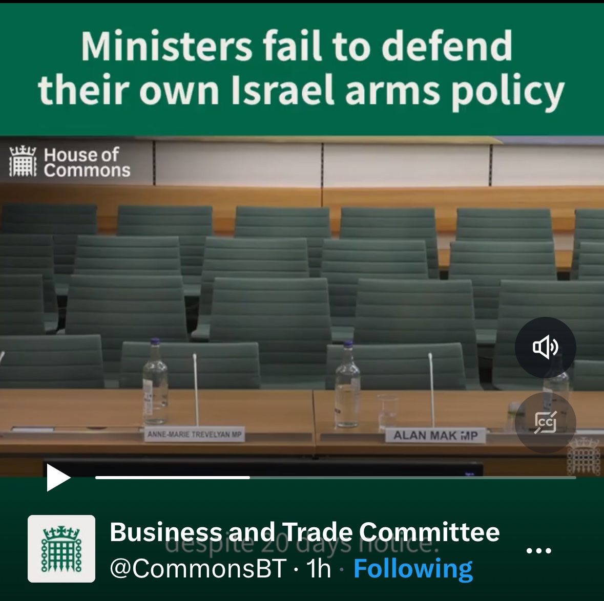 This cut away to an empty ministerial chair in the Business and Trade Committee’s session on UK arms exports to Israel is all you need to know about this government’s commitment to transparency and accountability on arms trade. @CommonsBTC