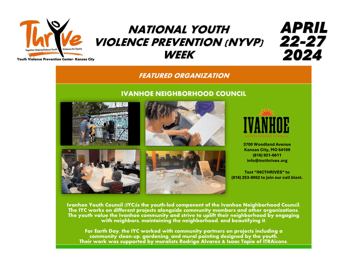 Featured Organization: The Ivanhoe Neighborhood Council! Check out the amazing work they do and give them a follow @INCThrives! #WeThrYve #VetoViolence #KUCommunityHealth #NYVPWeek