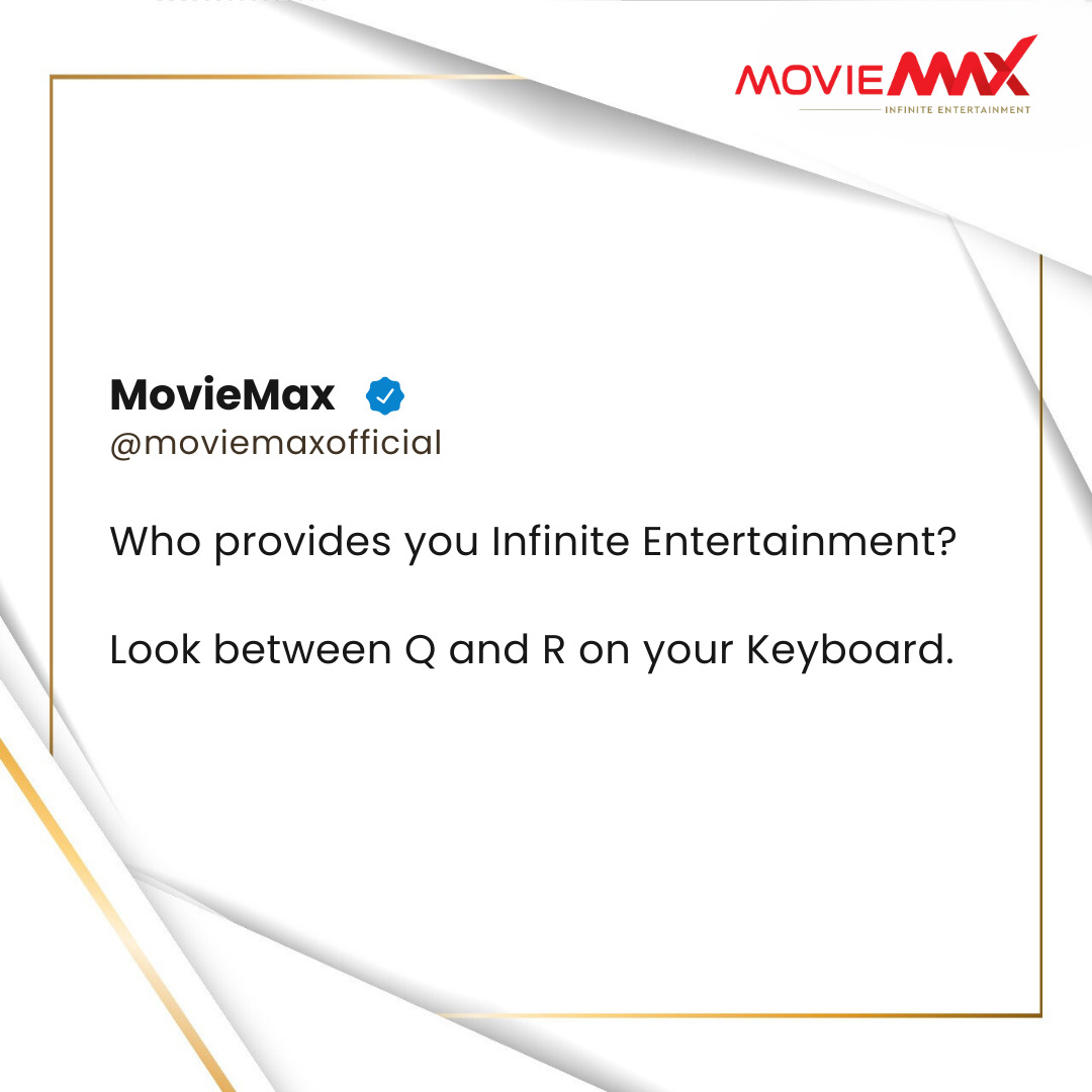 Discover the ultimate cinema experience at your fingertips! Look between Q and R on your keyboard for the answer. 🎥
.
.

#MomentMarketing #MovieMaxOfficial #MovieMax #Trending #InfiniteEntertatiment  #Keyboard