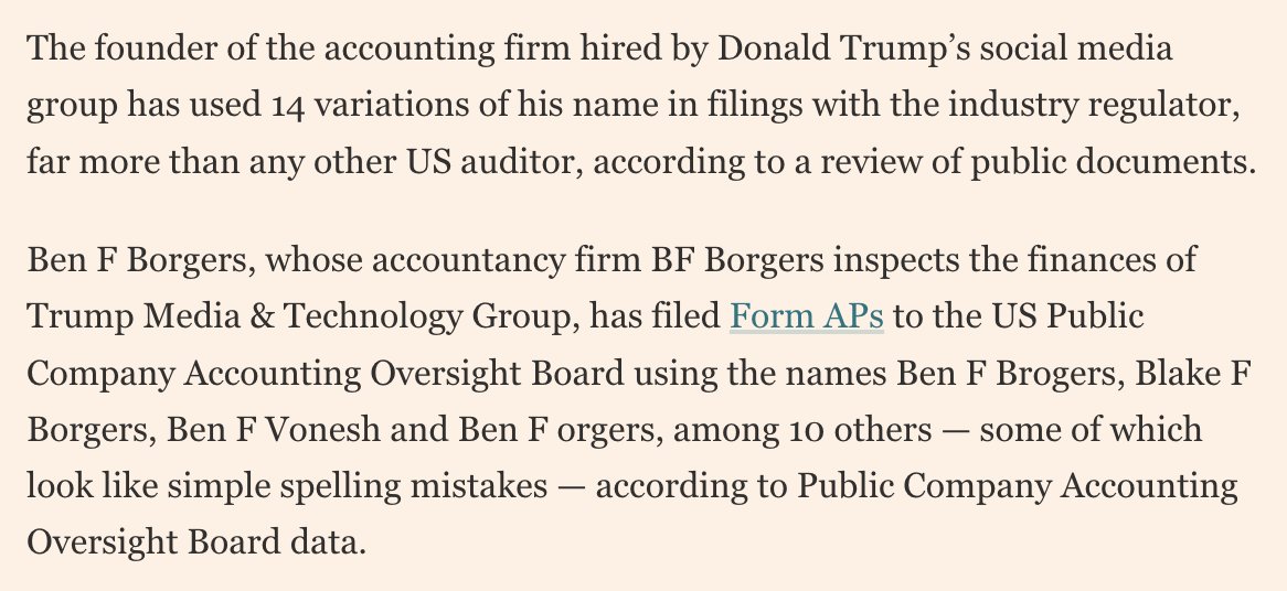 the guy who inspects the finances of Trump's media company has spelled his name 14 different ways in regulatory filings: ft.com/content/2556fa…