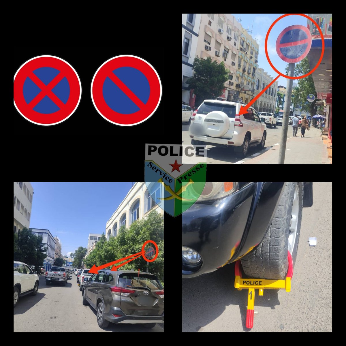 ️🟥Annonce Importante🟥 Il est à rappeler aux automobilistes de respecter les panneaux de signalisation interdisant le stationnement anarchique et abusif qui rend difficile la circulation au centre-ville. 🟥Dans le cas contraire, le véhicule sera immobilisé à l’aide d’un