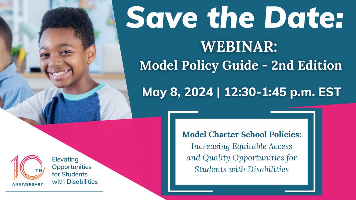 Want to support the implementation of our latest Model Policy Guide? Join us on May 8th at 12:30pm ET to engage with experts in the field and share ideas on how to ensure inclusive education in charter schools. Register here! us02web.zoom.us/webinar/regist…