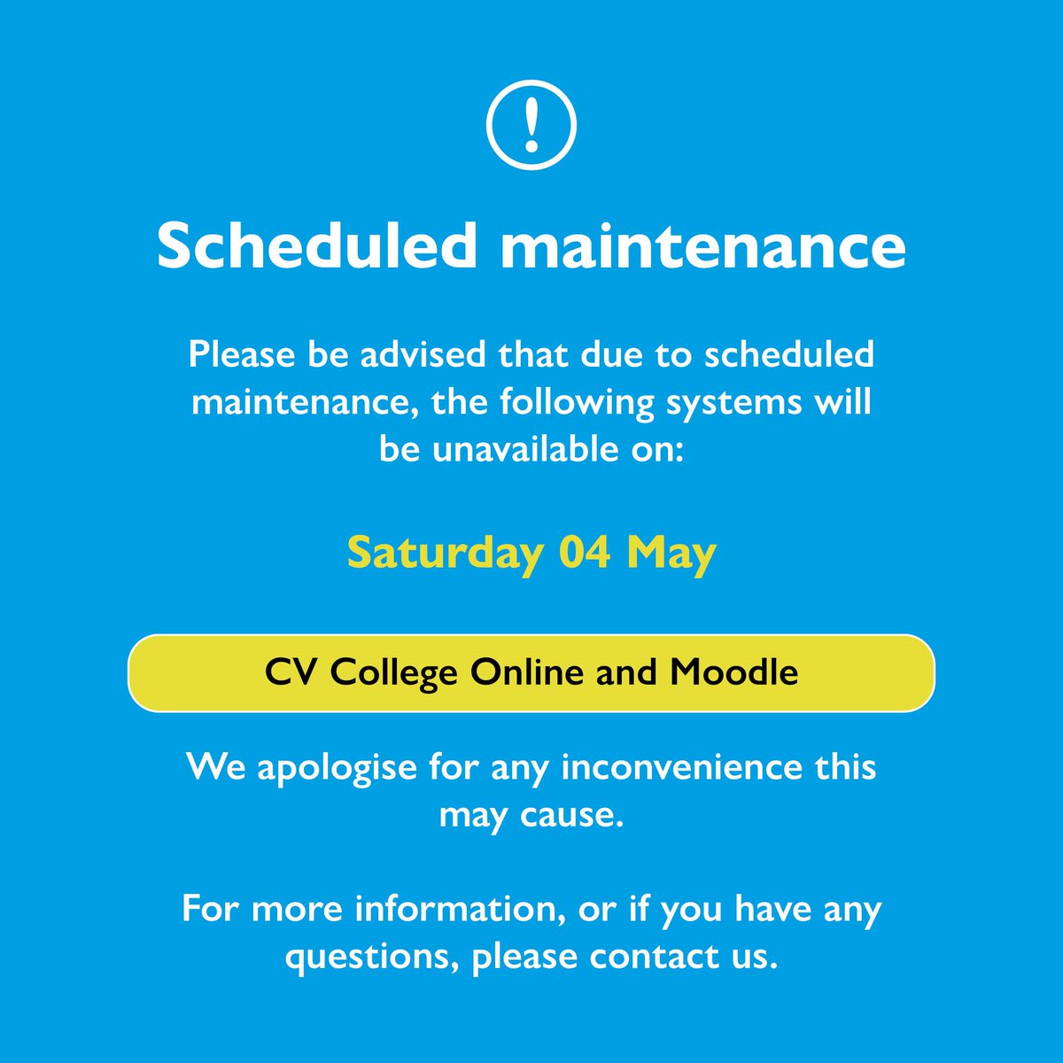 🔧Scheduled maintenance alert! 

📢 We apologise for any inconvenience this may cause. Your understanding is greatly appreciated.

For further assistance, reach out to us during office hours on ☎️ 01276 601701.

#CadetVocationalCollege #CVCollegeUK  #VocationalEducation