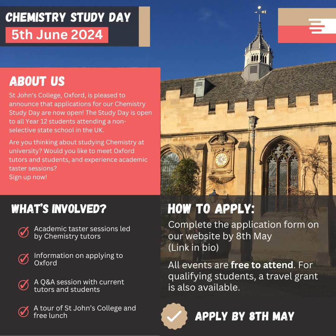 🔊Attention all Year 12s! You can now sign up for our Chemistry Study day taking place on 5th June! Meet our tutors, chat to our students and get a taste of life at the University! 🧪🎓 🔗 Sign up via the link in our bio #oxoutreach #oxforduniversity