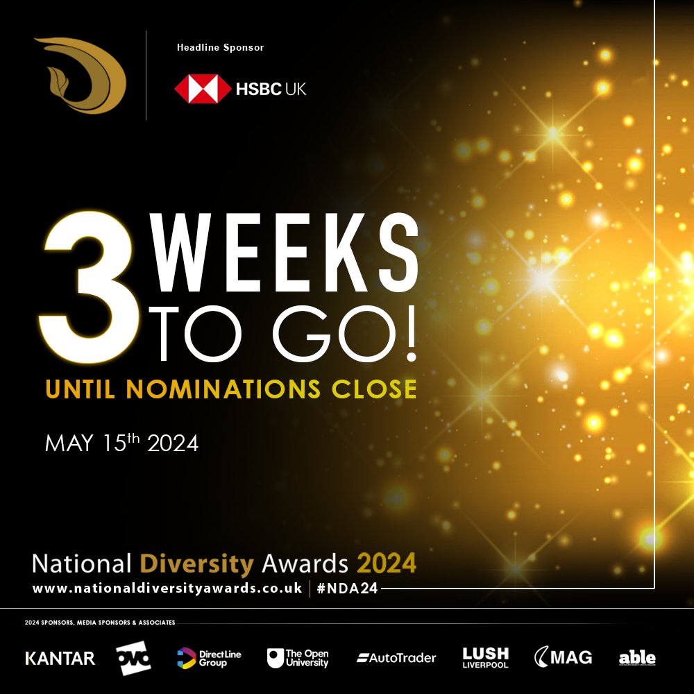 ⏳ 3 WEEKS TO GO!!! ⏳

We're into the homestretch of nominations for #NDA24!

Give your grassroot community heroes the recognition they deserve for their dedication and hard work!

nationaldiversityawards.co.uk

#NDA24 #nationaldiversityawards #diversity #dei #awardceremony #community